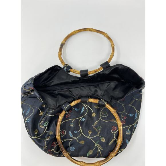 Women's Handbag Asian inspired Bambo Circle Handels Black Flower Embroidered - Picture 5 of 9